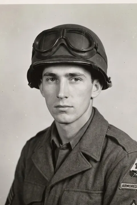Identification photograph of a young sergeant in a tanker's helmet with goggles, looking straight into the lens.