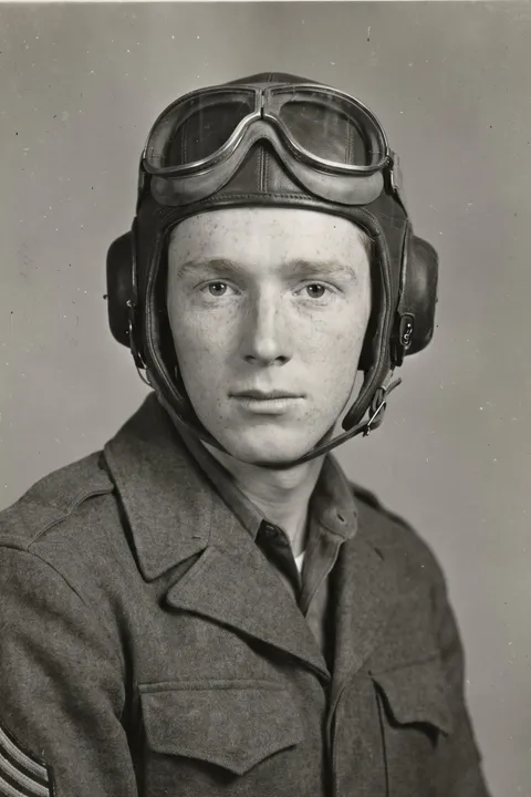 Identification photograph of a fair-haired sergeant in a leather tanker's helmet with goggles pushed up.