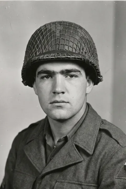 Identification photograph of a dark-haired sergeant in a netted steel helmet, jaw set.