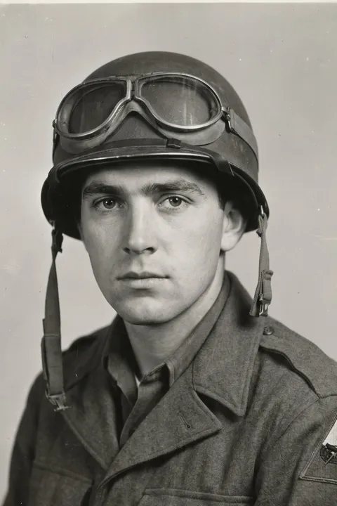 Identification photograph of a young sergeant in a steel helmet with goggles strapped across it.