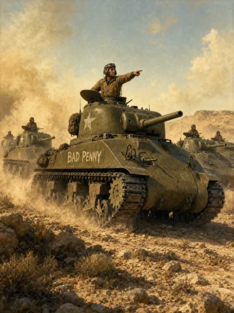 The cover painting without a title: Bad Penny and her platoon in echelon through the Tunisian dust.