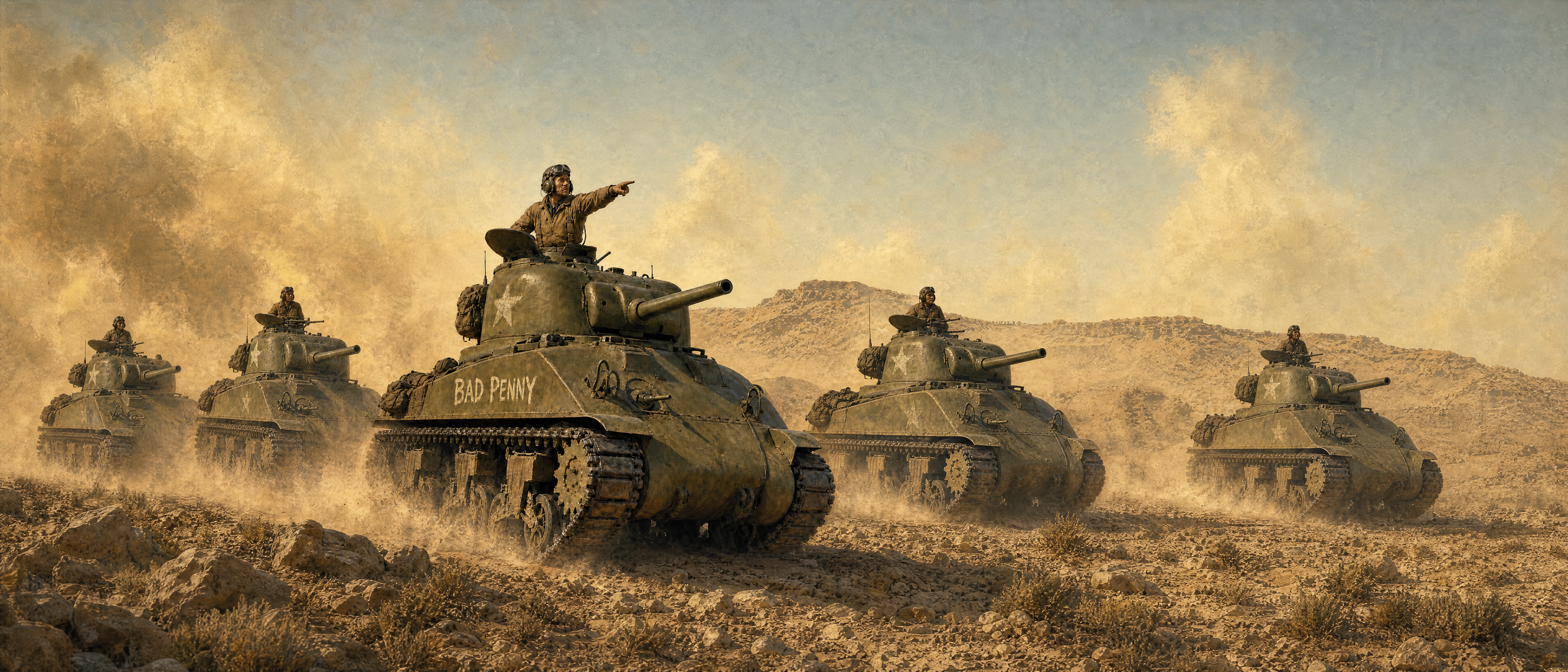 Painted in the manner of a 1940s war illustration: five Sherman tanks advance in echelon through dust in Tunisia, February 1943. The lead tank, Bad Penny, has her commander standing in the cupola pointing at something the platoon cannot yet see.