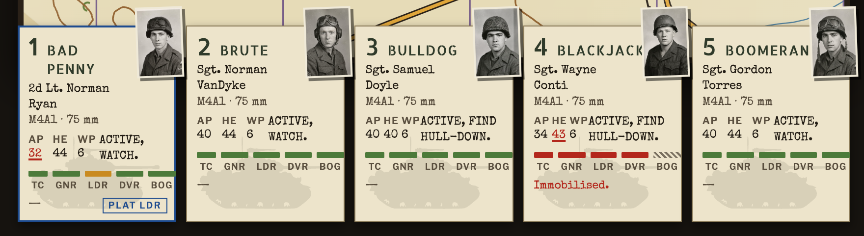 The five vehicle cards mid-battle.