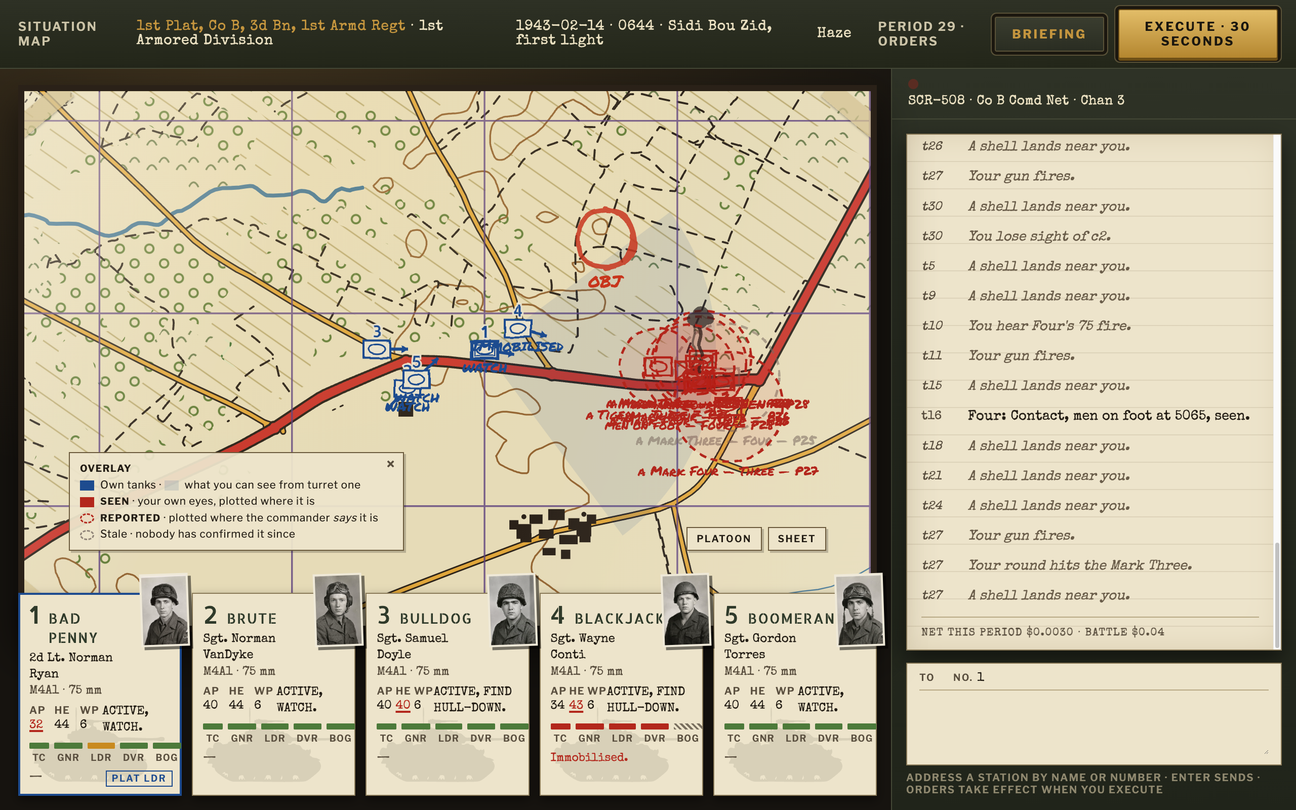 Just after a period: contacts plotted, one burning, Four immobilised.