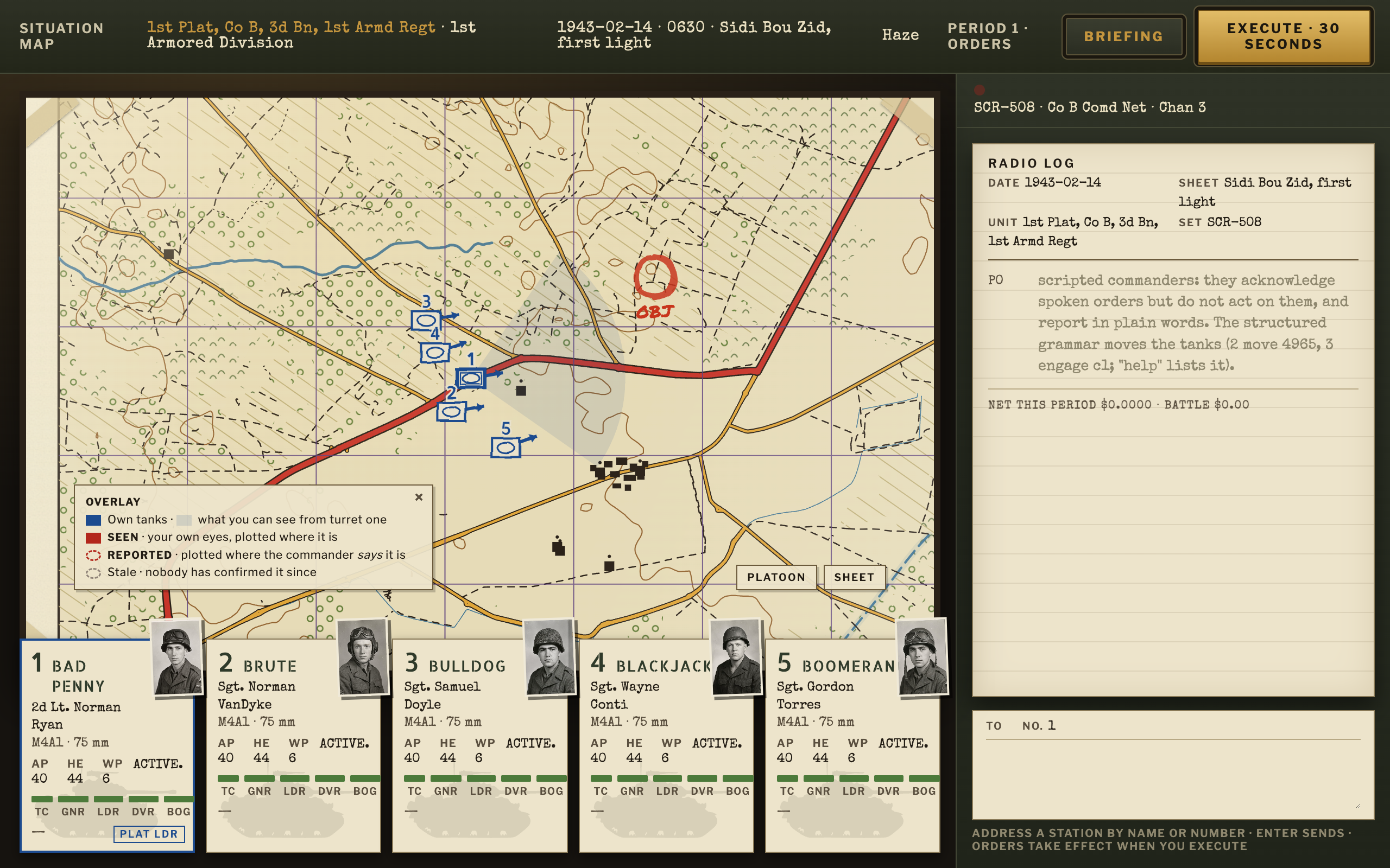 The map board: the platoon plotted on the sheet under acetate in FM 21-30 signs, the objective on the ridge in view, the radio pad and the vehicle cards beside it.